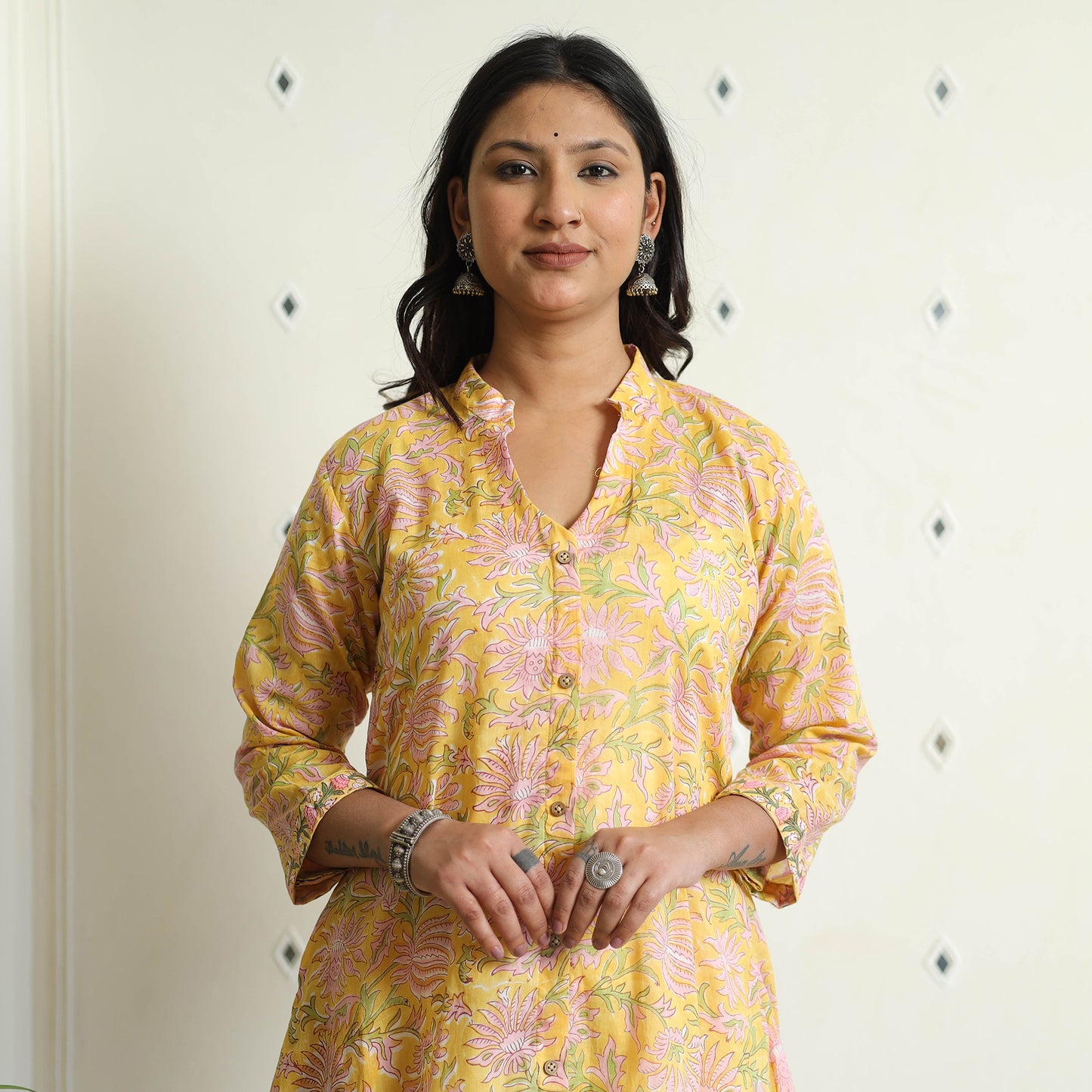 Yellow - Sanganeri Block Printed Mul Cotton A-Line Kurta