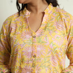 Yellow - Sanganeri Block Printed Mul Cotton A-Line Kurta