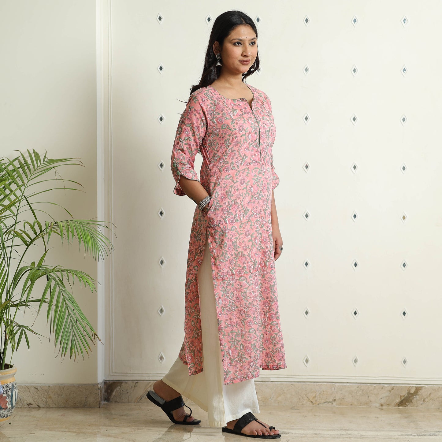 Light Pink - Sanganeri Block Printed Mul Cotton Straight Kurta
