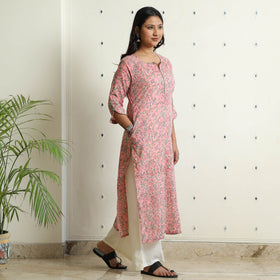 Light Pink - Sanganeri Block Printed Mul Cotton Straight Kurta