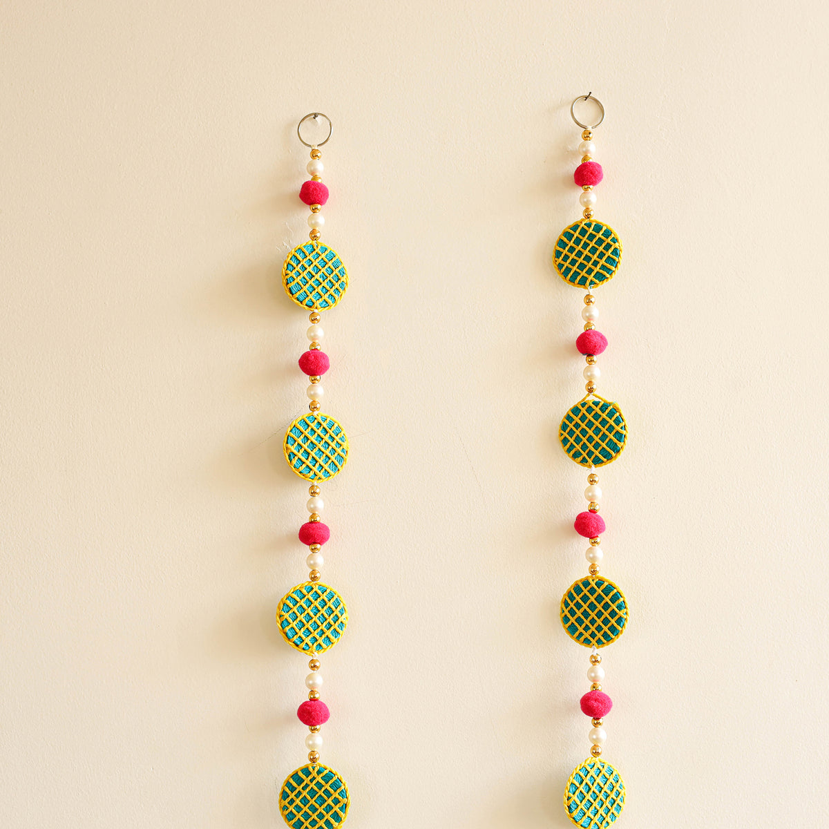Handmade Thread Work Hanging with Pom-Pom Beadwork for Festive Decor (Set of 2) 07