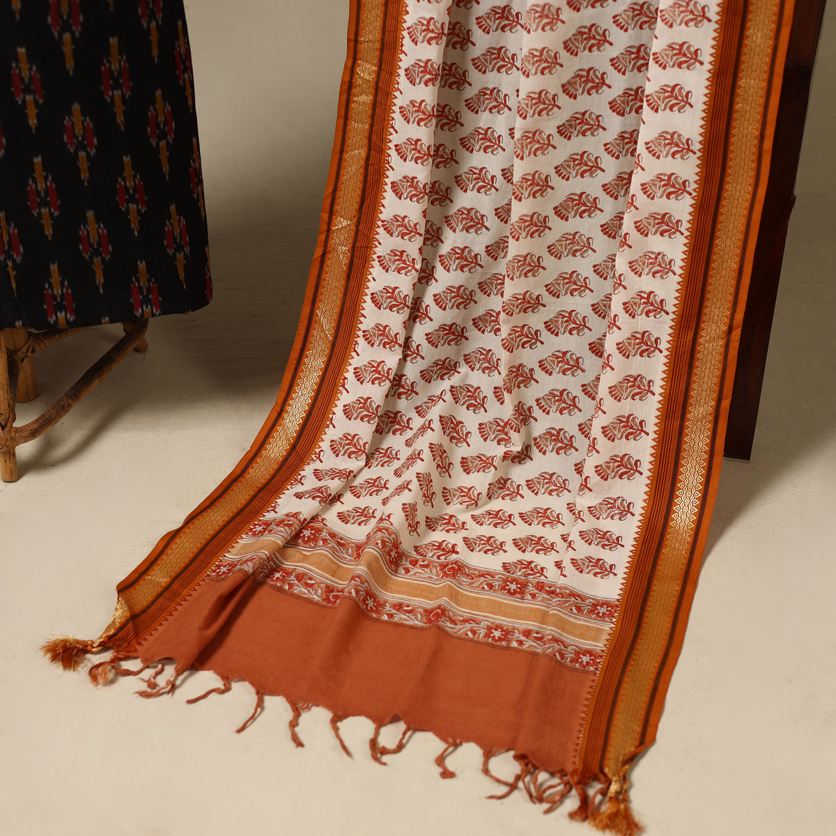 Black 2pc Cotton Handloom Ikat Kurta with Dupatta