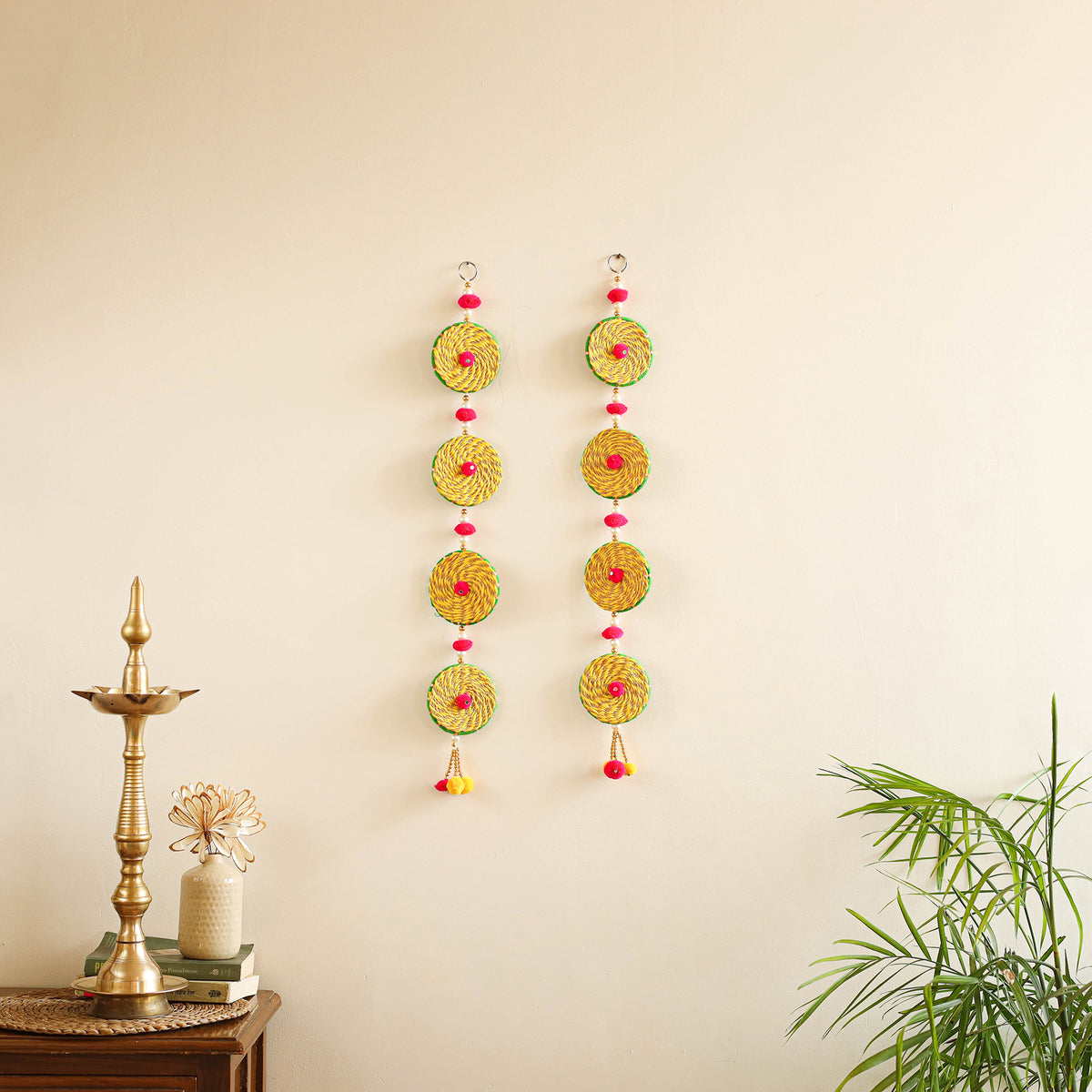 Handmade Gota Patti Hanging with Pom-Pom Beadwork for Festive Decor (Set of 2) 03