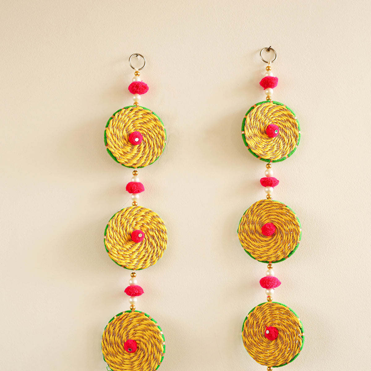 Handmade Gota Patti Hanging with Pom-Pom Beadwork for Festive Decor (Set of 2) 03