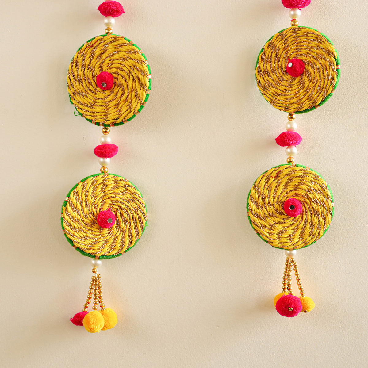 Handmade Gota Patti Hanging with Pom-Pom Beadwork for Festive Decor (Set of 2) 03