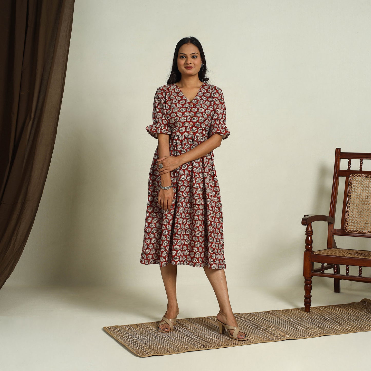 Buy Red Block Print Cotton Flared Bagru Dress