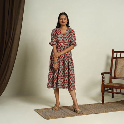 Buy Red Block Print Cotton Flared Bagru Dress