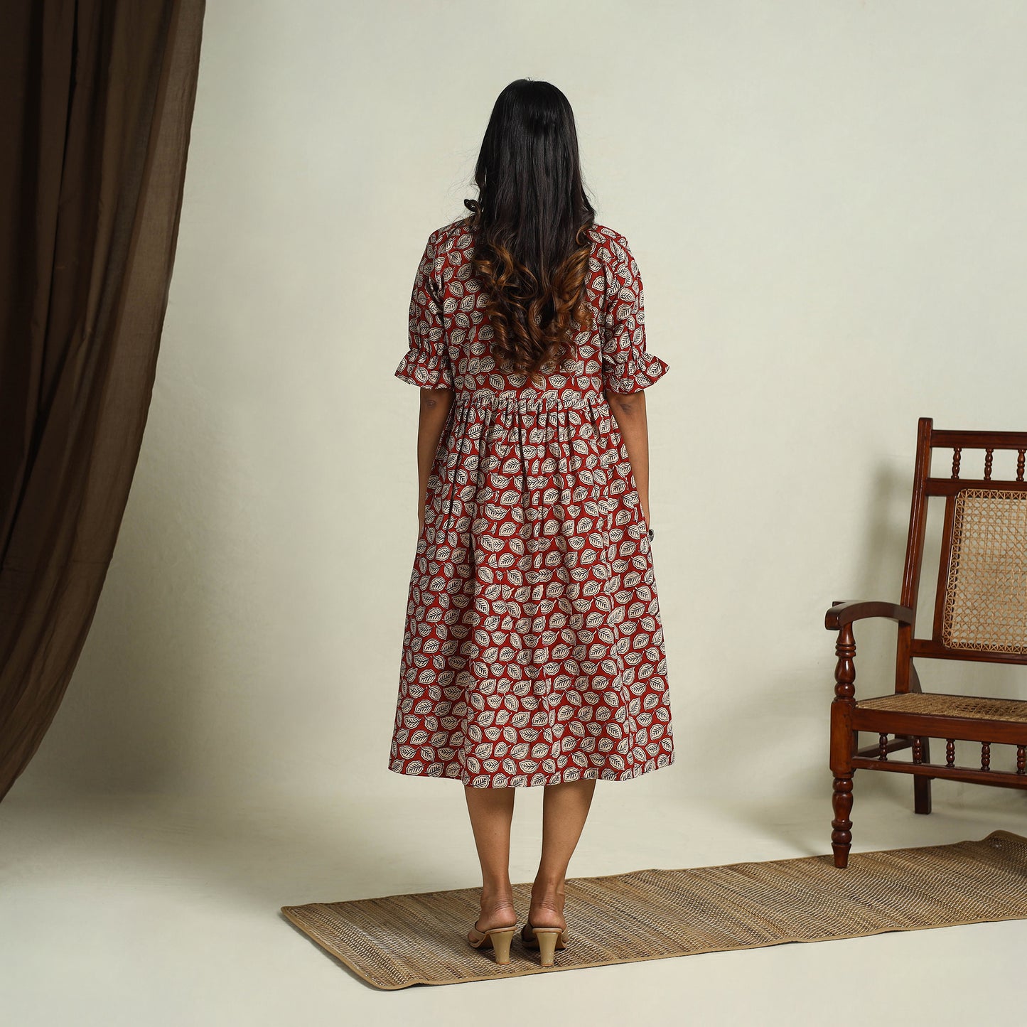 Buy Red Block Print Cotton Flared Bagru Dress