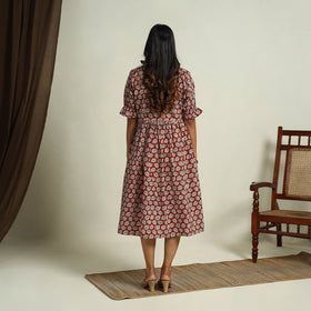 Buy Red Block Print Cotton Flared Bagru Dress