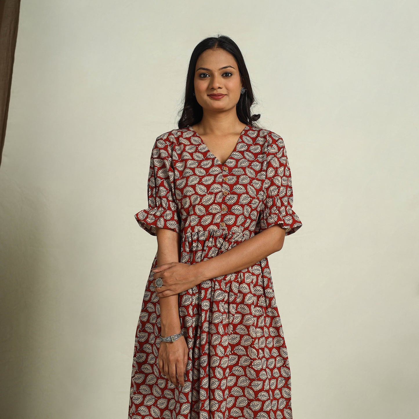 Buy Red Block Print Cotton Flared Bagru Dress
