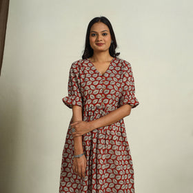 Buy Red Block Print Cotton Flared Bagru Dress