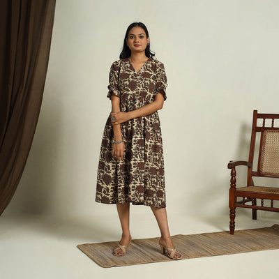  Brown Block Print Cotton Flared Bagru Dress
