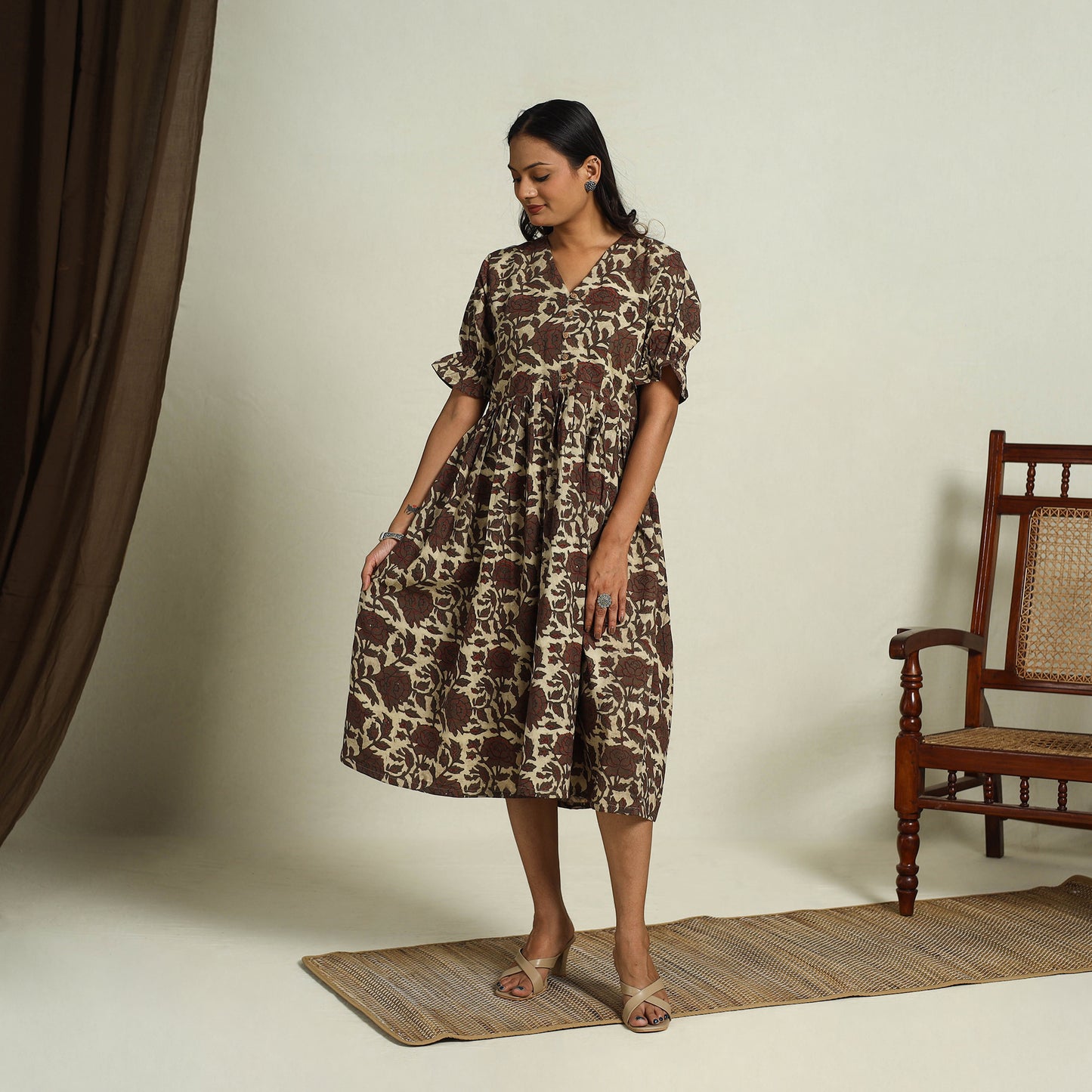  Brown Block Print Cotton Flared Bagru Dress