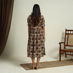  Brown Block Print Cotton Flared Bagru Dress