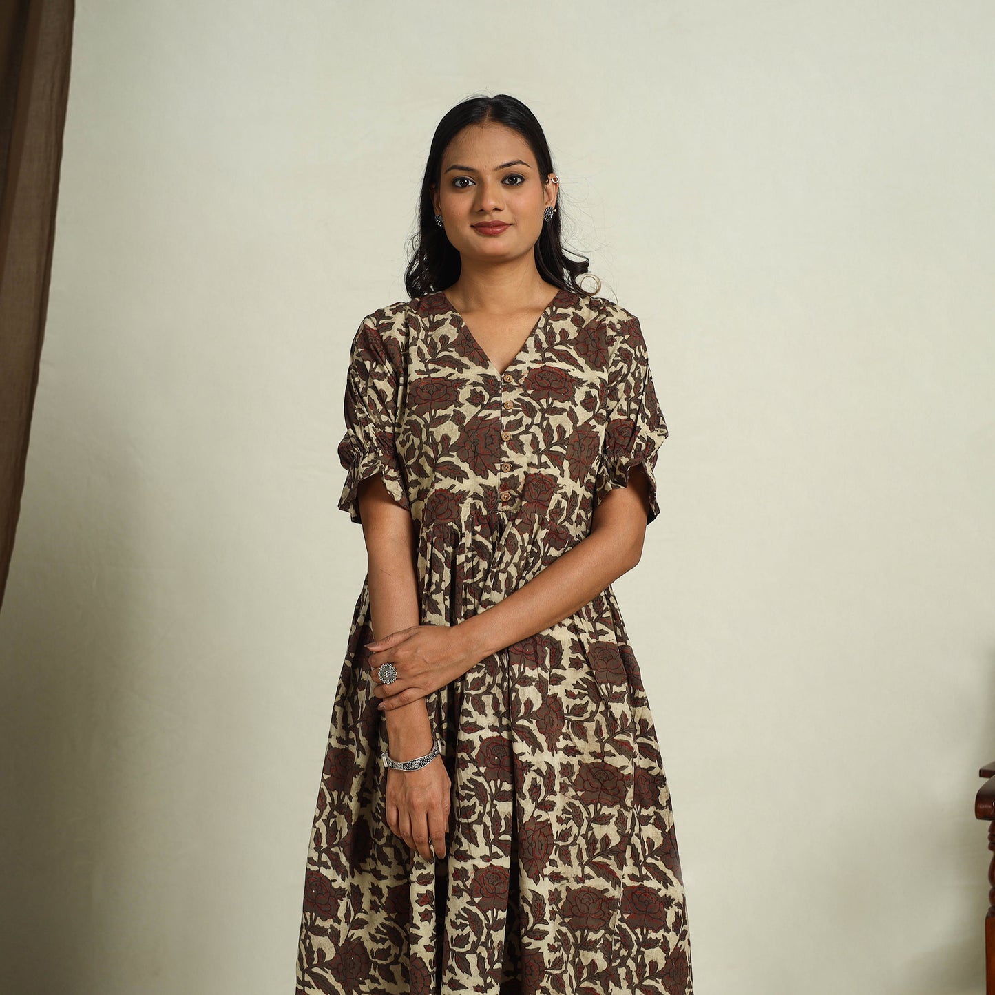  Brown Block Print Cotton Flared Bagru Dress
