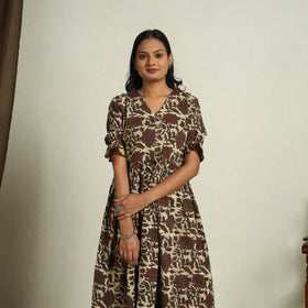  Brown Block Print Cotton Flared Bagru Dress