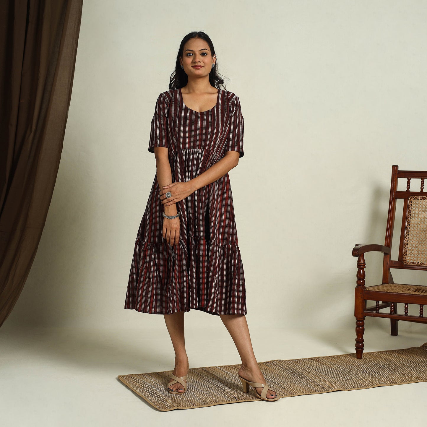Buy Maroon Block Print Cotton Tiered Bagru Dress 