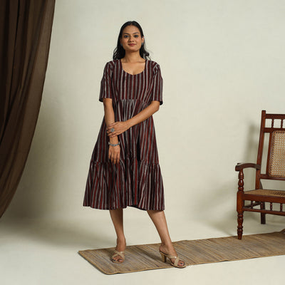 Buy Maroon Block Print Cotton Tiered Bagru Dress 