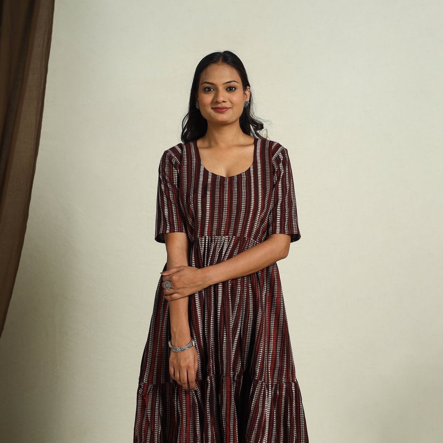 Buy Maroon Block Print Cotton Tiered Bagru Dress 