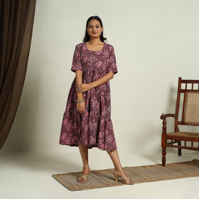  Brown Block Print Cotton Tiered Bagru Dress 