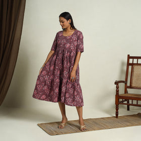  Brown Block Print Cotton Tiered Bagru Dress 