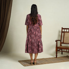 Brown Block Print Cotton Tiered Bagru Dress 