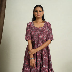  Brown Block Print Cotton Tiered Bagru Dress 