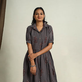 Grey Block Print Cotton Button Down Bagru Dress