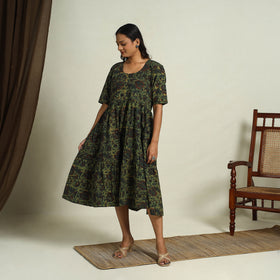 Buy Green Block Print Cotton Tiered Bagru Dress 