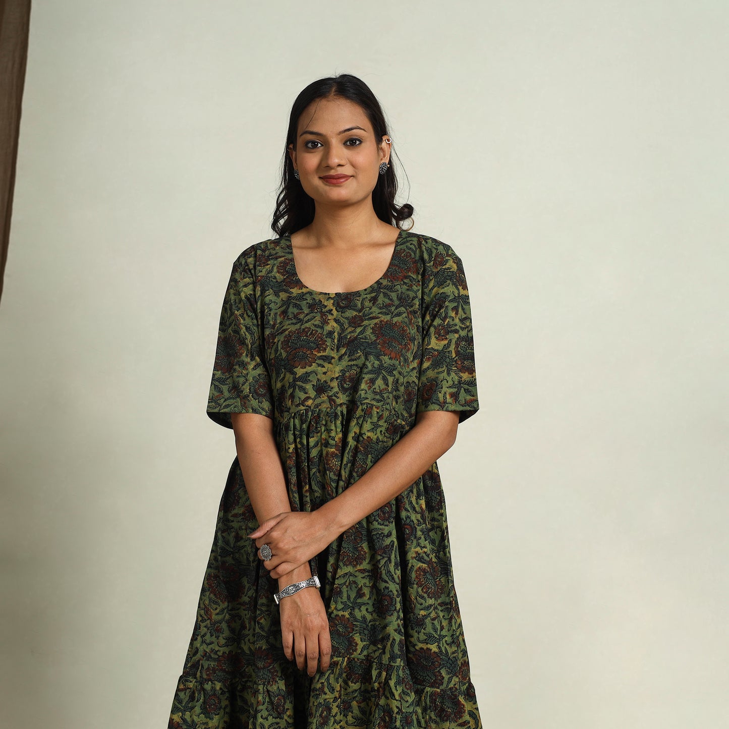 Buy Green Block Print Cotton Tiered Bagru Dress 