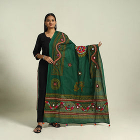  Green Mirror Work Printed Cotton Kutch Embroidery Dupatta