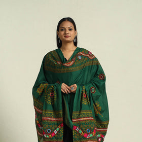  Green Mirror Work Printed Cotton Kutch Embroidery Dupatta