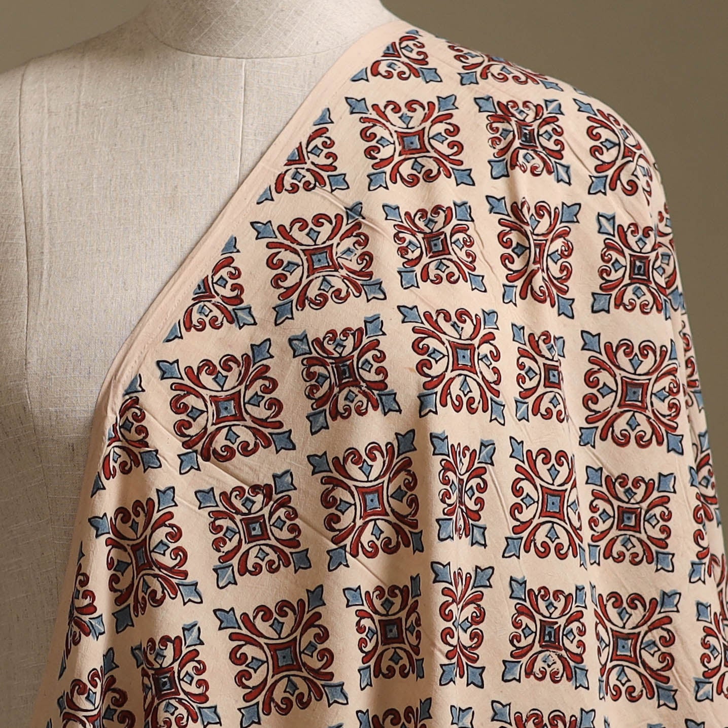 Beige - Kutch Hand Block Ajrakh Print Natural Dyed Cotton Fabric 17