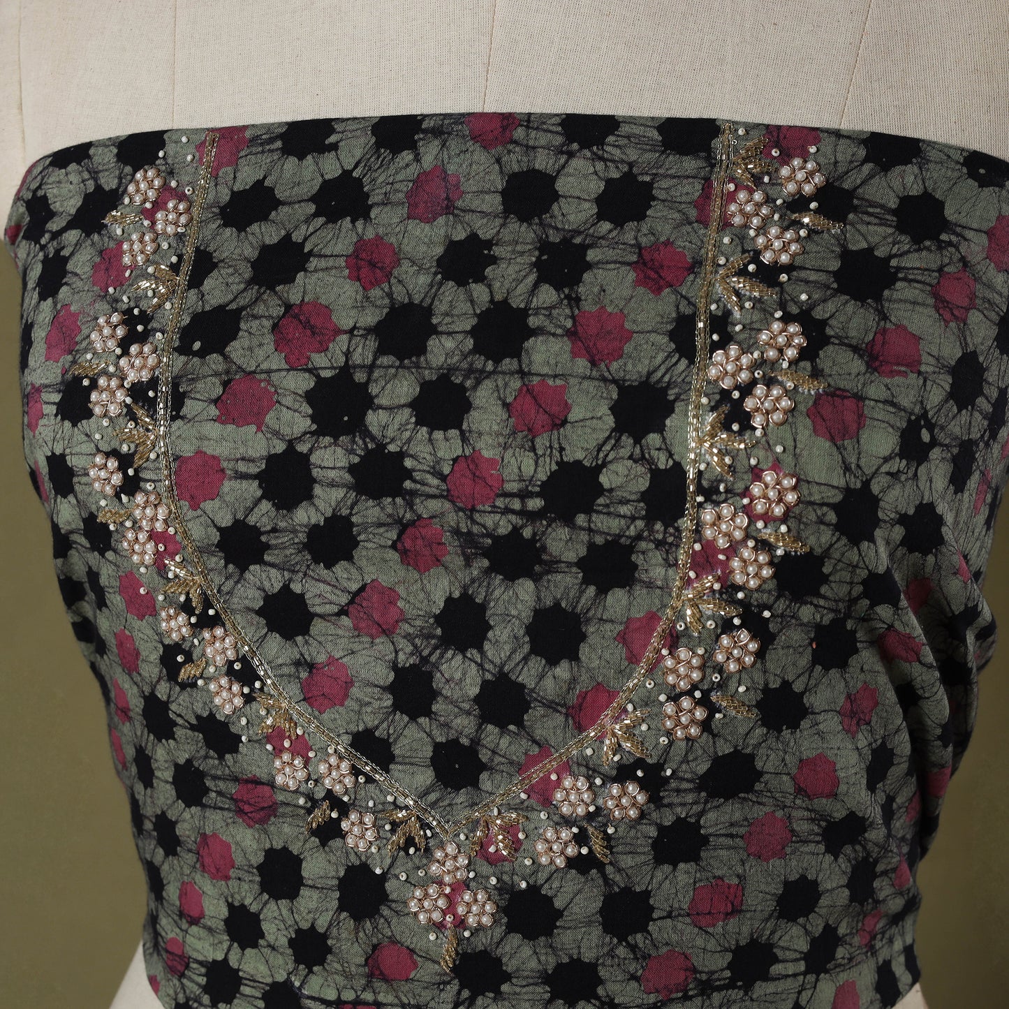 Batik Print Hand Embroidery Cotton Blouse Piece