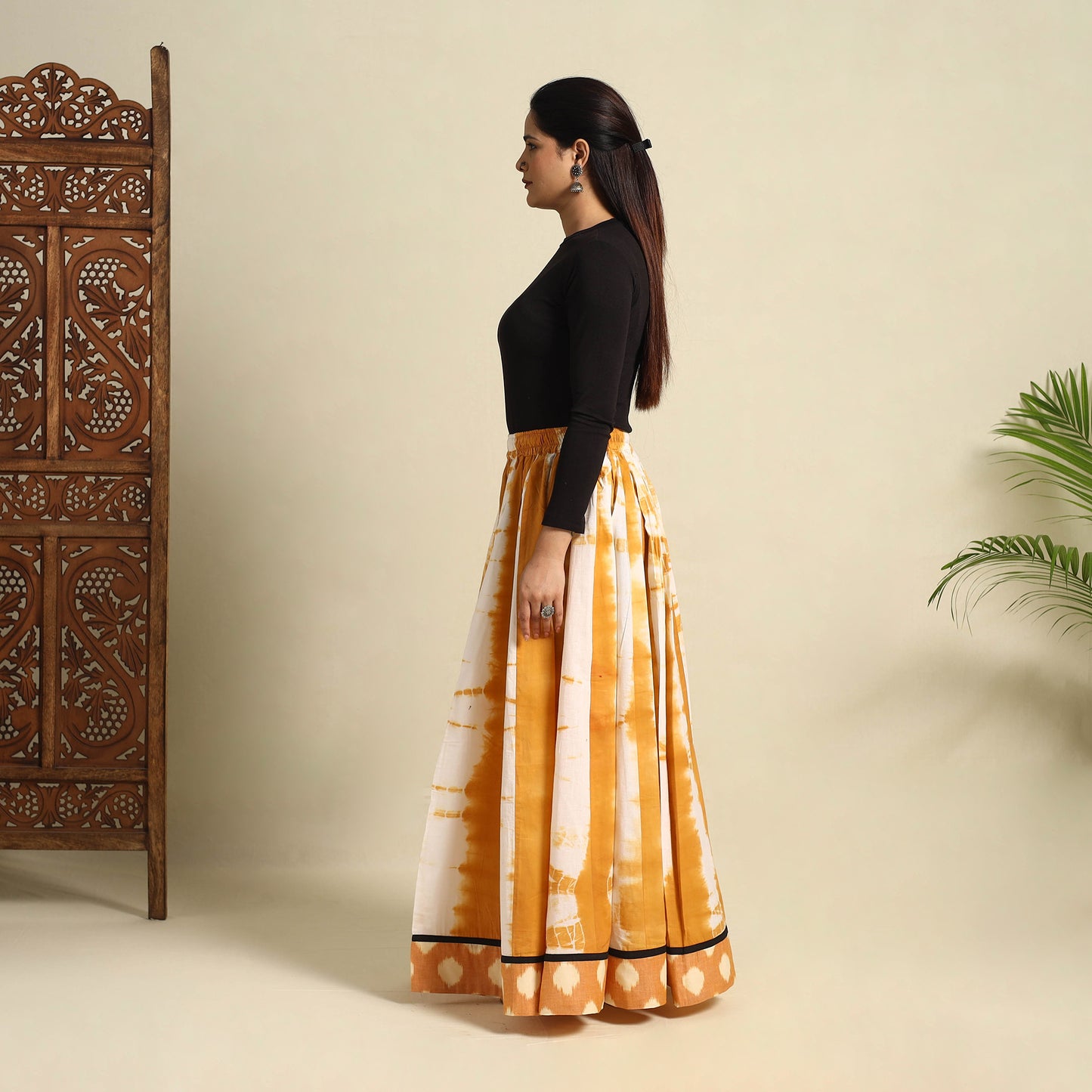  24 Kali Yellow Patchwork Cotton Long Shibori Tie-Dye Skirt