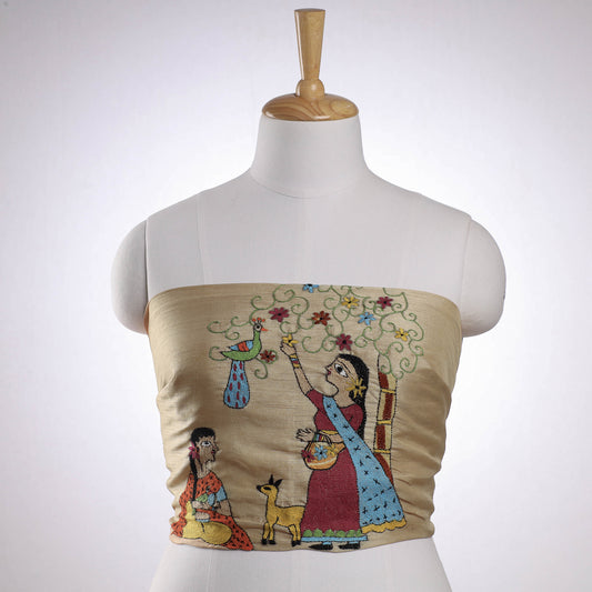 Beige - Bengal Kantha Embroidery Raw Silk Blouse Piece