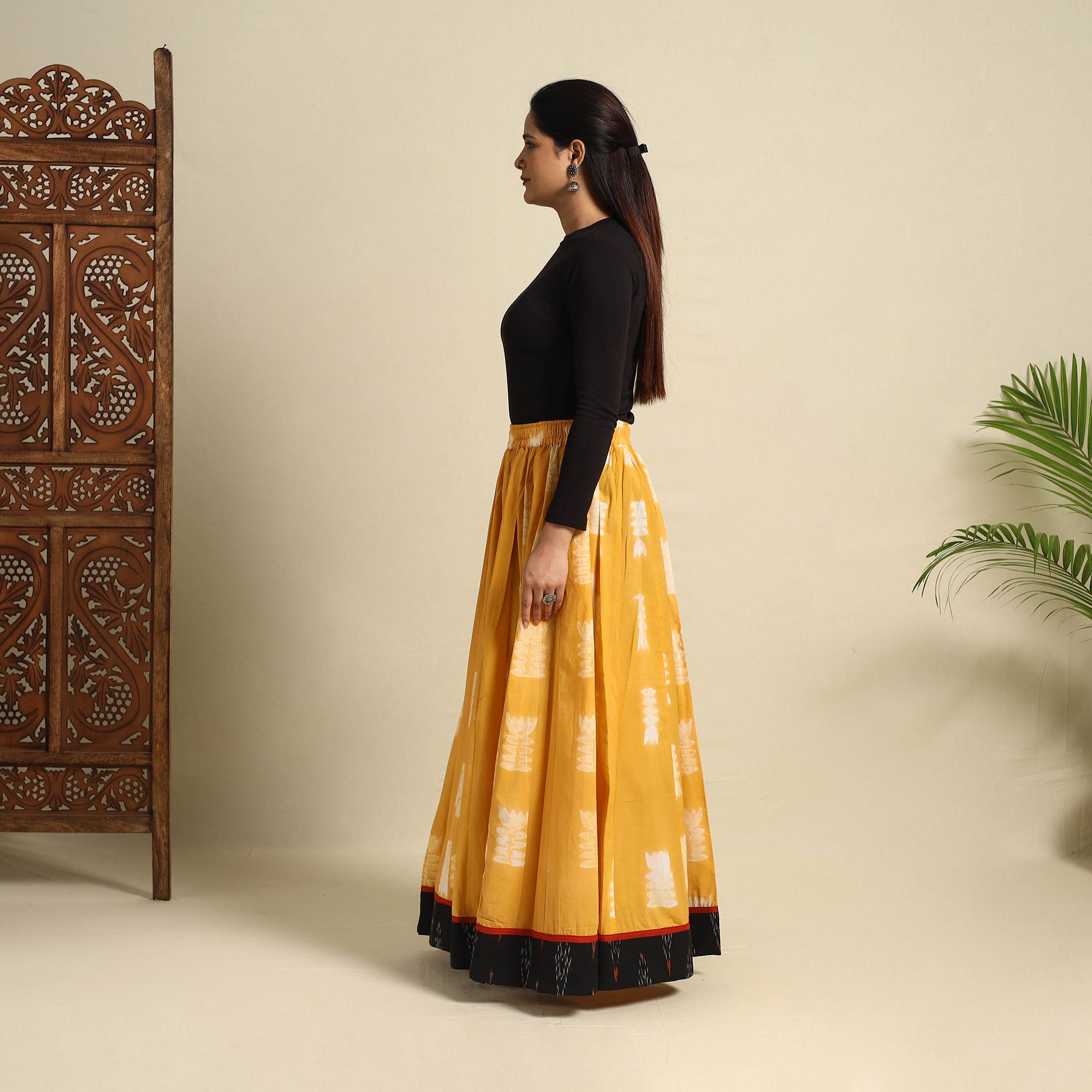 Yellow 24 Kali Shibori Tie-Dye Cotton Long Skirt with Ikat Border 15