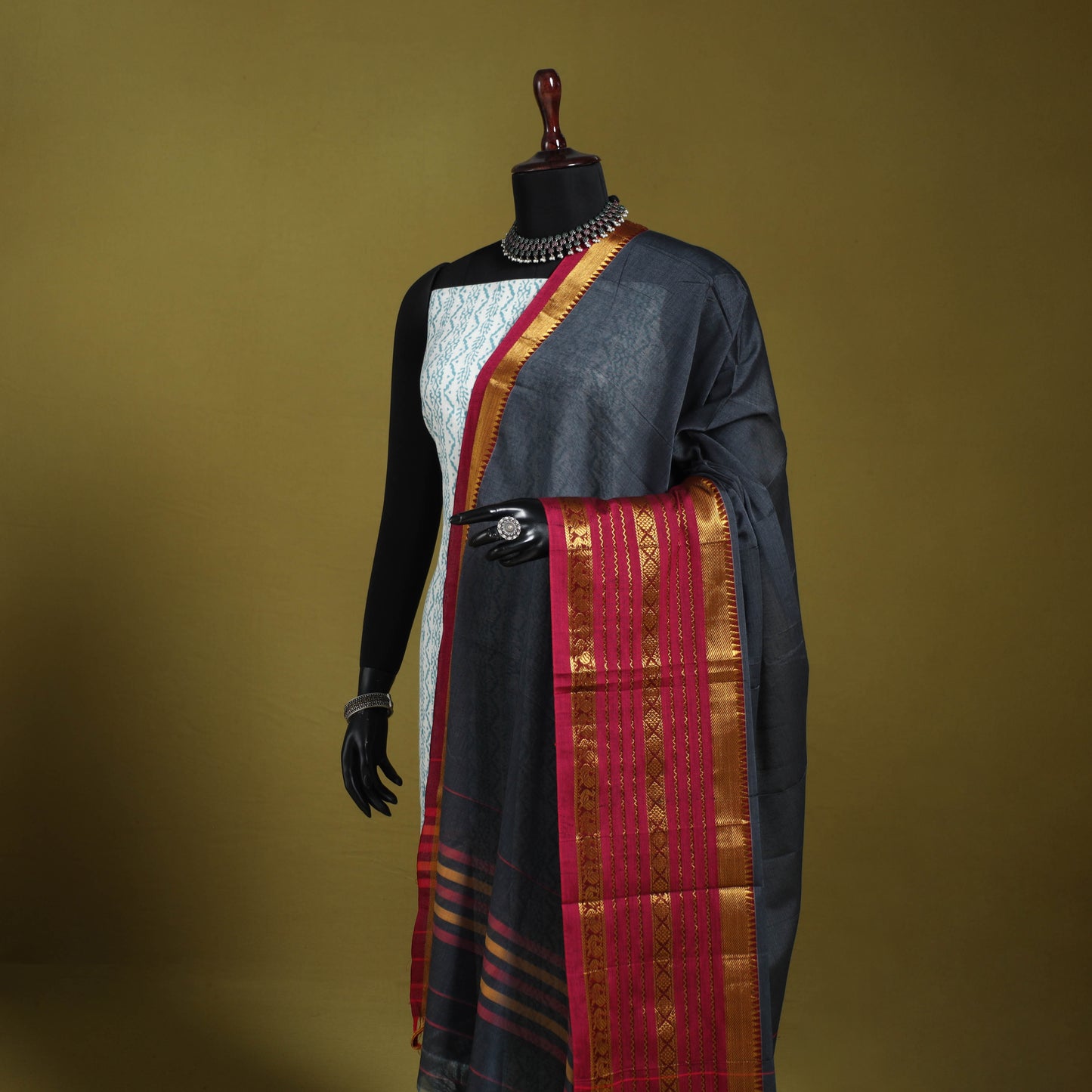 Grey - dharwad cotton dupatta with zari border 10