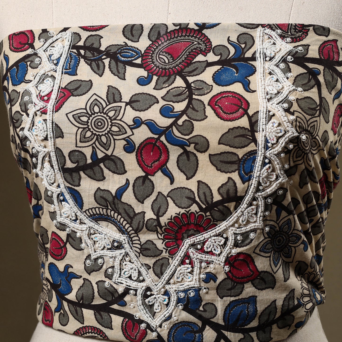 Multicolor Kalamkari Print Hand Embroidery Cotton Blouse Piece