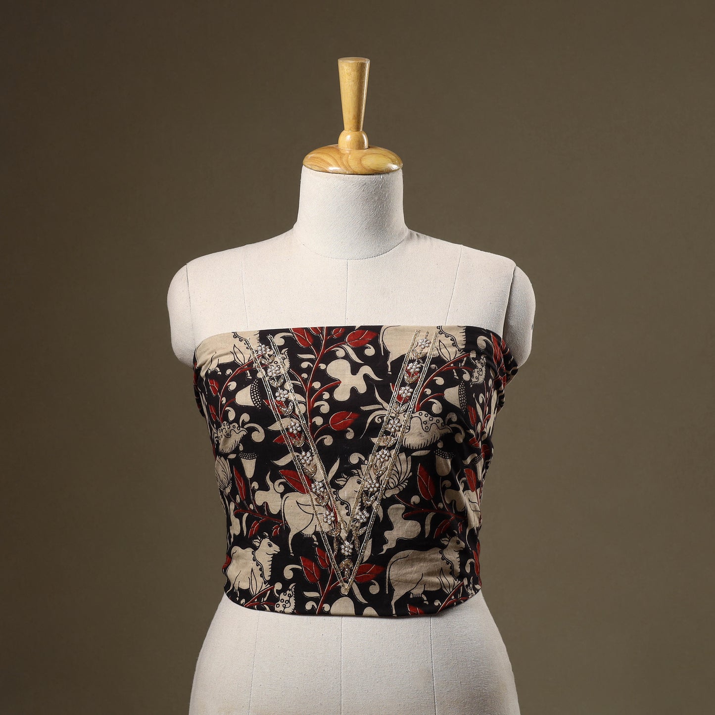 Black Kalamkari Print Hand Embroidery Cotton Blouse Piece