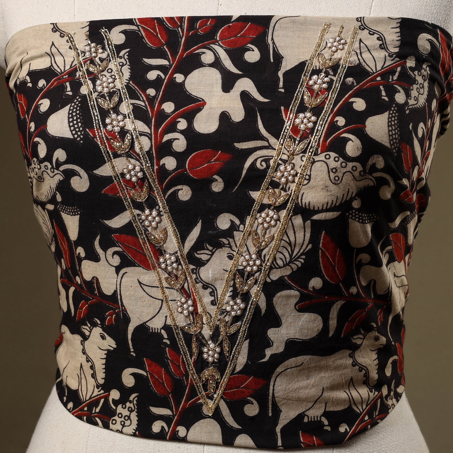 Black Kalamkari Print Hand Embroidery Cotton Blouse Piece