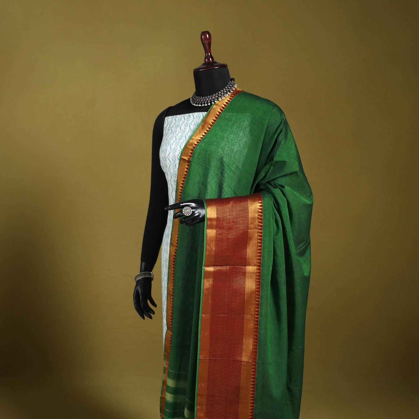 Green - dharwad cotton dupatta with zari border 13