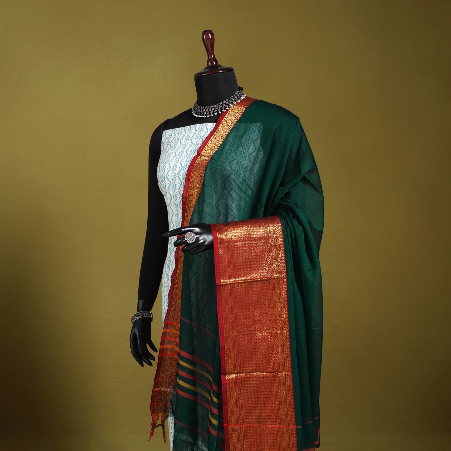Green - dharwad cotton dupatta with zari border 14