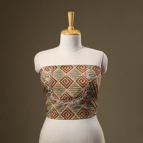 Beige Kalamkari Print Hand Embroidery Cotton Blouse Piece