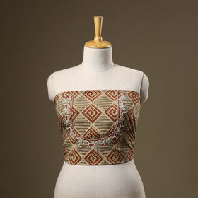 Beige Kalamkari Print Hand Embroidery Cotton Blouse Piece