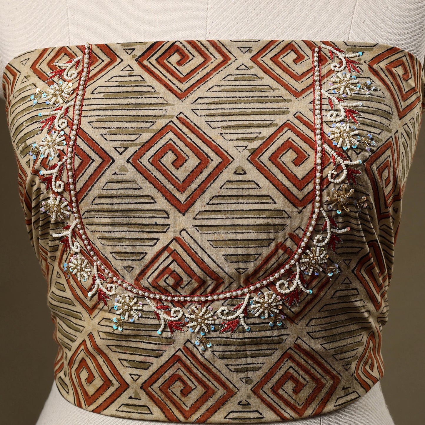 Beige Kalamkari Print Hand Embroidery Cotton Blouse Piece