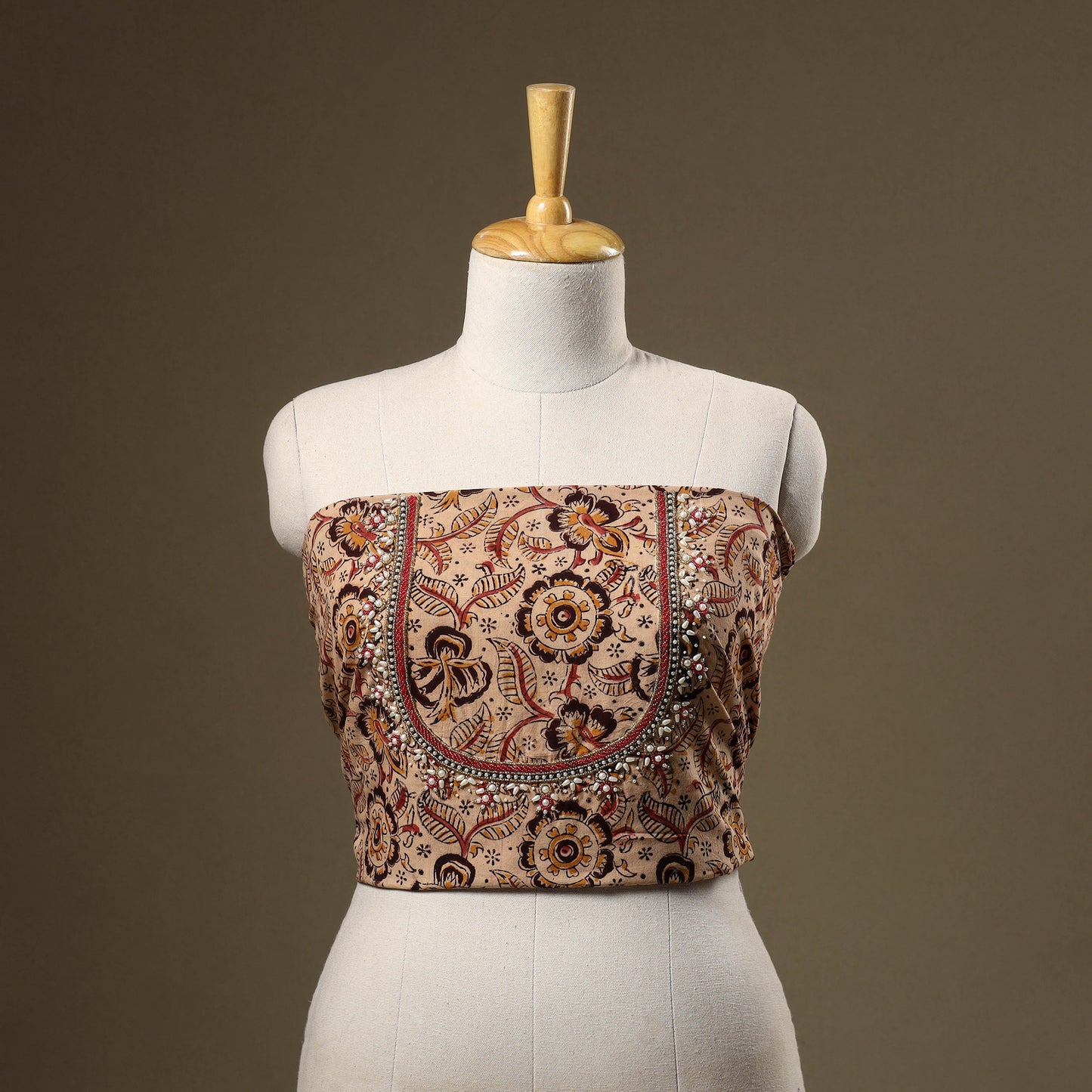 Beige Kalamkari Print Hand Embroidery Cotton Blouse Piece