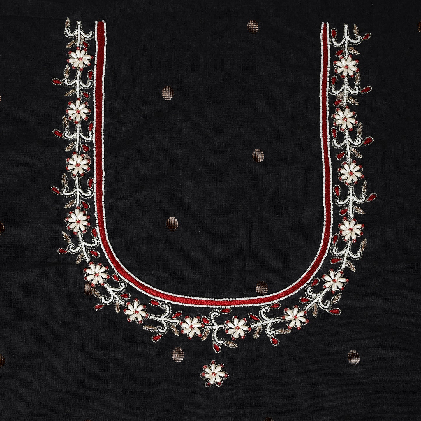 Black Polka Dot Hand Embroidery Cotton Blouse Piece