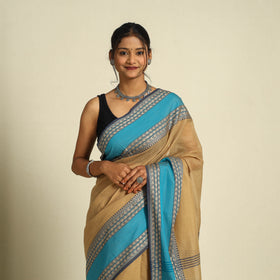 Brown - bengal woven border handloom cotton saree 61