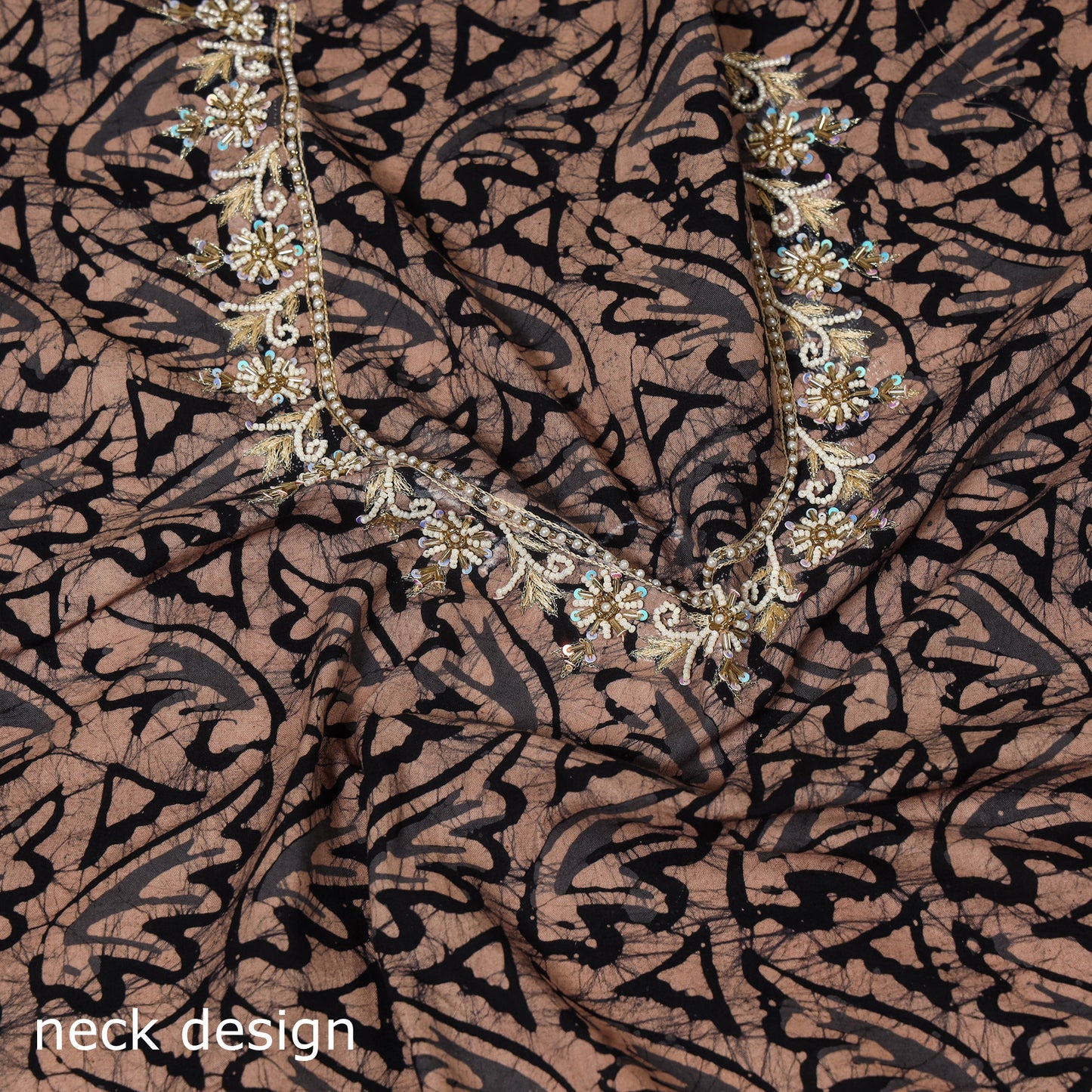 Brown Batik Print Hand Embroidery Cotton Blouse Piece 